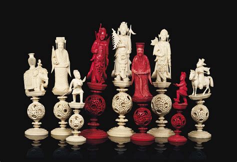 A Large Chinese Export Ivory Puzzle Ball Figural Chess Set Canton