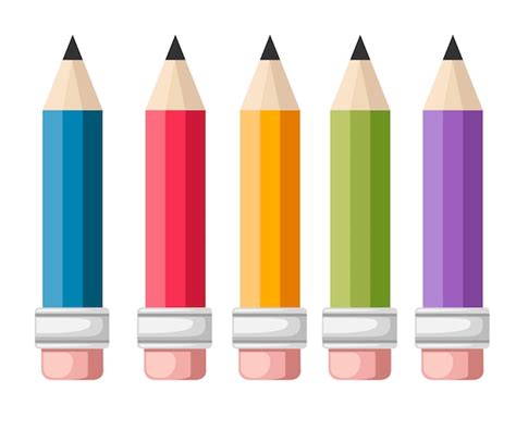 색연필 세트입니다 지우개가 달린 연필 다섯 개 만화 스타일 흰색 배경에 벡터 일러스트 레이 션 프리미엄 벡터
