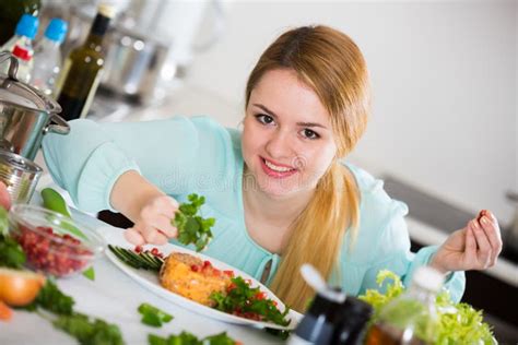 Positive Housewife With Plate Of Salad In Kitchen Stock Image Image Of Lettuce Ordinary 77702999