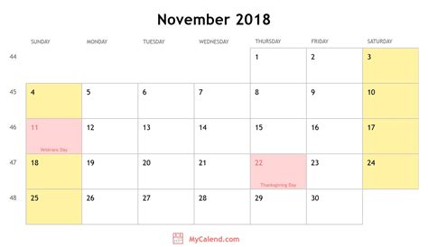 November 2018 Calendar With Holidays Monthly Printable Calendar