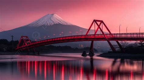 Red Bridge Over Water With Mt Fuji At Sunset Background Crimson Mt