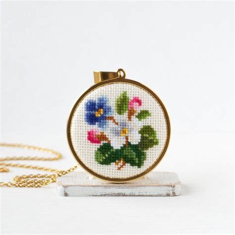 Embroidered Necklace Pendant With White Pink Blue Flowers Etsy
