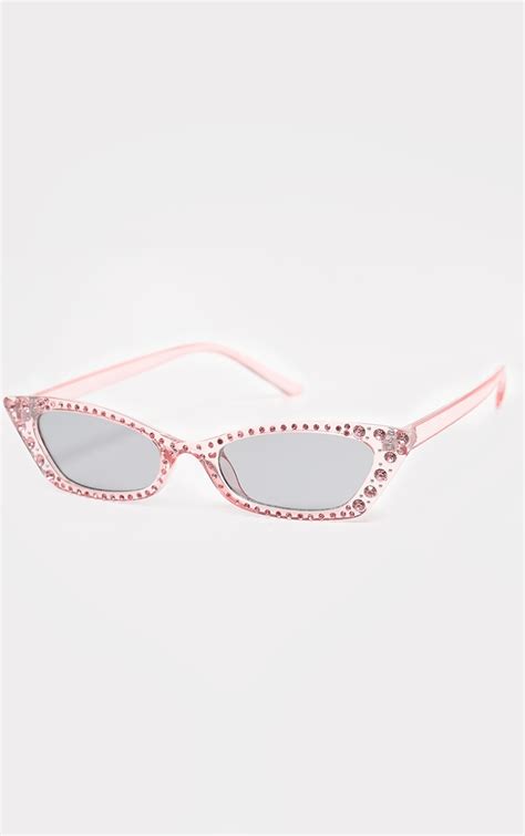 pink diamante slim cat eye sunglasses prettylittlething