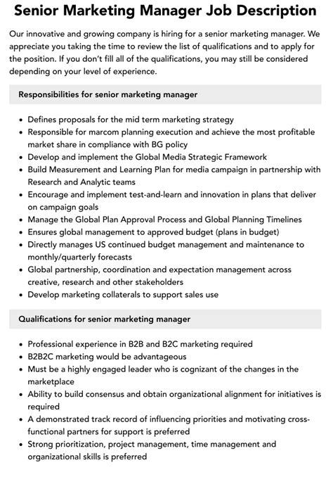 Senior Marketing Manager Job Description Velvet Jobs