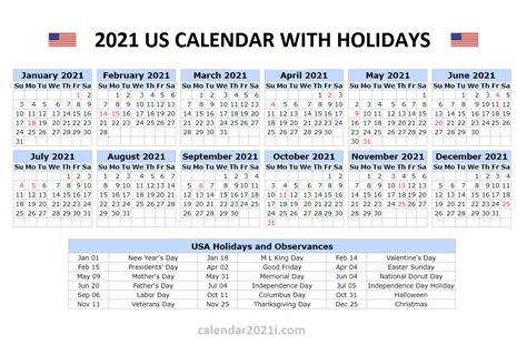 Us 2021 Calendar With Holidays United States Printable 1 Calendar