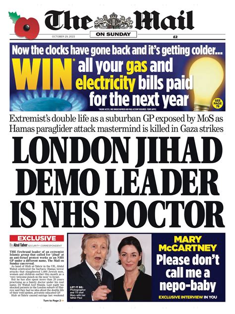 Mail On Sunday Front Page 29th Of October 2023 Tomorrow S Papers Today