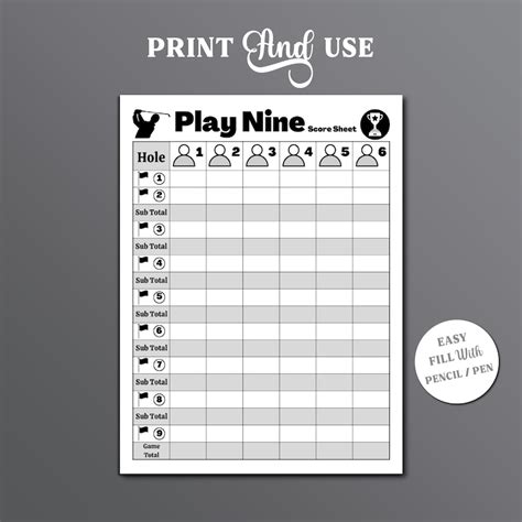 Play Nine Score Sheet Play Nine Golf Card Game Score Sheet Play Nine