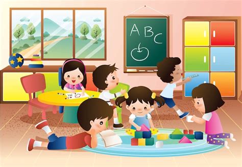 Kindergarten Niños Jugando Y Aprendiendo En La Clase Vector Premium