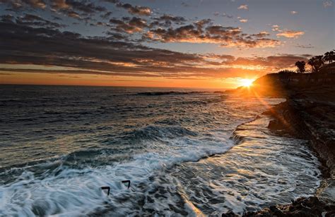 Nature Sea Waves Sunset Coast Rock Water Lens Flare Sunlight