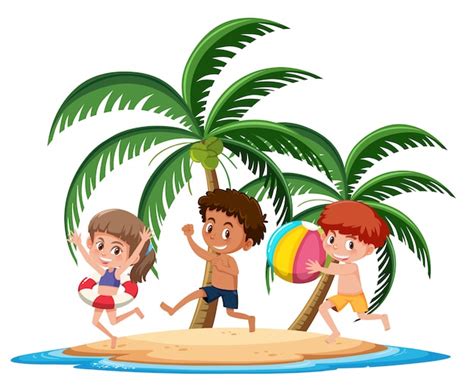 Premium Vector Kids On The Tropical Island Having Fun