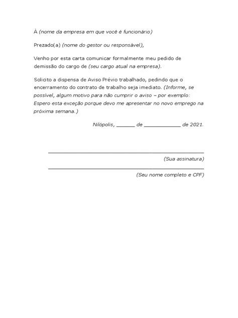 Modelo De Carta Pedido De Demissão Pdf