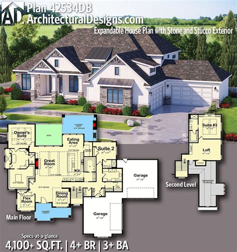Plan 42534db 3 Bed House Plan With Stone And Stucco Exterior House