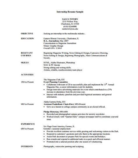 sample internship resume templates   sample