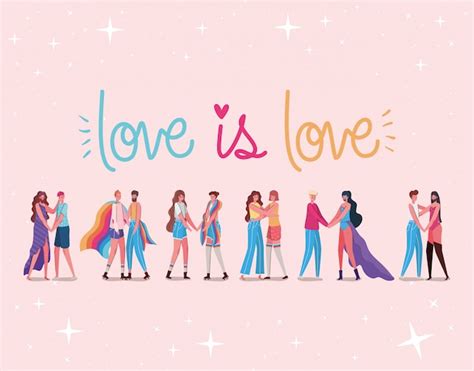 Dibujos Animados De Hombres Y Mujeres Y Lgtbi Love Is Love Diseño De Texto Vector Premium