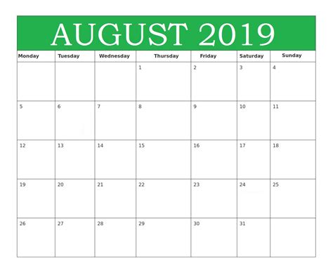 August Calendar 2019 Printable Template Pdf Word Excel