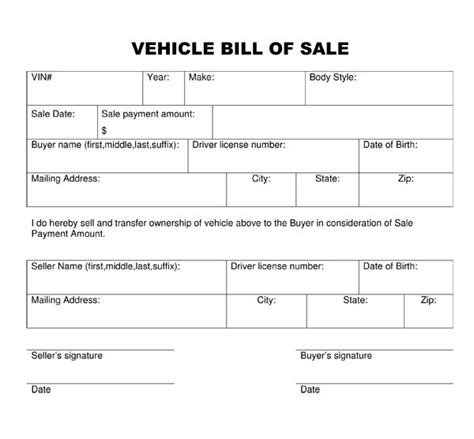 Printable Bill Of Sale For Automobile
