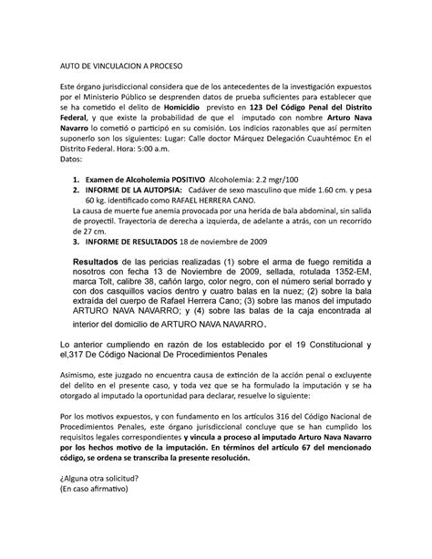 Ejemplo Auto De Vinculacion A Proceso Auto De Vinculacion A Proceso Este órgano Jurisdiccional