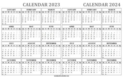 2023 And 2024 Calendar Monday Start Yearly Calendar Template Aria Art