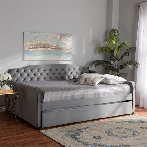 Baxton Studio Freda Button Tufted Full Size Daybed With Trundle Gray