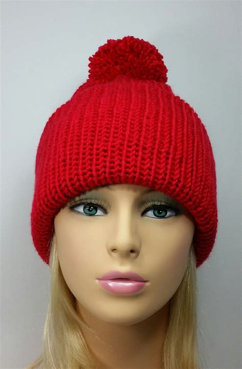 Womens Red Knit Beanie With Pom Pom Classic Knit Hat Ready To Etsy Knitted Hats Knit Beanie