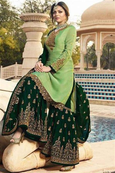 Buy Pale Green Georgette Embroidered Sharara Suit Online Lstv03133 Andaaz Fashion Gharara