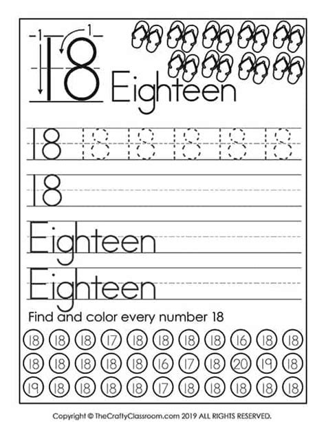 Number 18 Writing Counting And Identification Printable Number 18