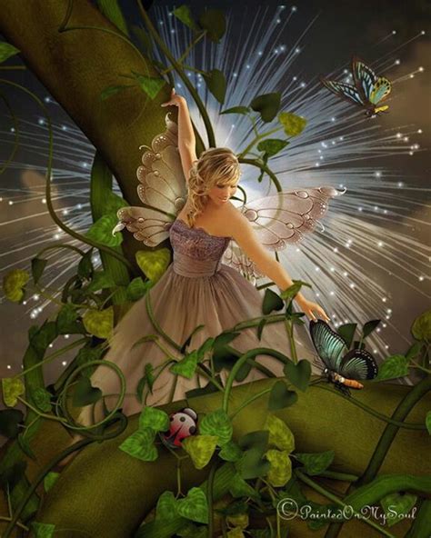 A Painting Of A Fairy Holding A Butterfly On Top Of A Leafy Plant With
