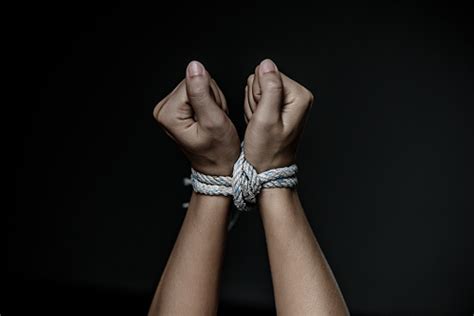 Closeup Woman Hands Were Tied With A Rope Violence Terrified Human