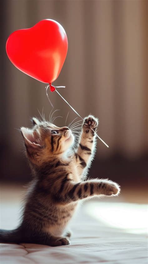 Kitten Playing With Balloon Cute Kitten Red Balloon Tabby Kitten Reaching For Balloon