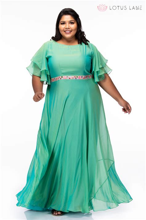 Be Ahead Of Trends In This Green Georgette Plus Size Gown With Double