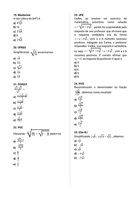 lista de exercícios radiciação matemática