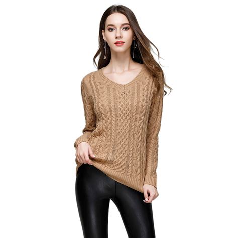 Wipalo Women V Neck Geometry Cable Knit Sweaters Long Sleeve Solid