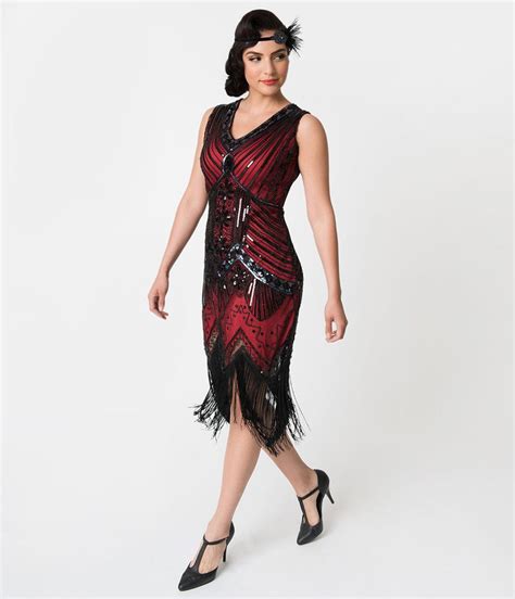 unique vintage 1920s deco red and black veronique fringe flapper dress