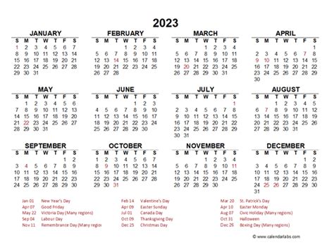 2023 Year At A Glance Calendar With Canada Holidays Free Printable