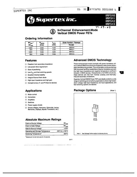 IRF510 Datasheet PDF Pinout N Channel Enhancement Mode Vertical