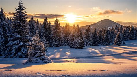Snow Sunset Landscape Wallpaper
