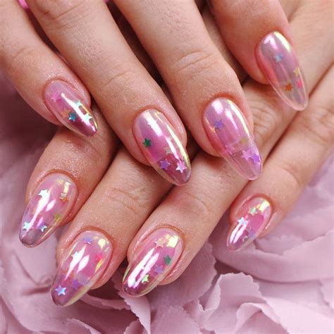 Jelly Holographic Pink Nails With Stars Uploaded By Amandaleveck