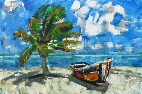 Beach Boat Painting Palm Tree Ocean Landscape Art For