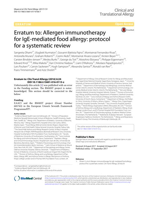 Pdf Erratum To Allergen Immunotherapy For Ige Mediated Food Allergy