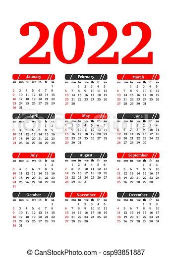 Calendar For 2022 Isolated On A White Background Sunday To Monday