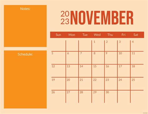 Blank November 2023 Calendar Template In Illustrator Eps  Excel