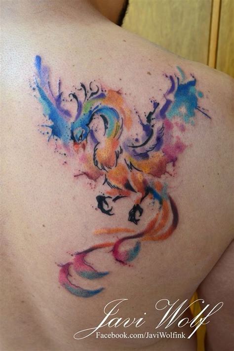 Watercolor Flying Phoenix Tattoo On Right Back Shoulder By