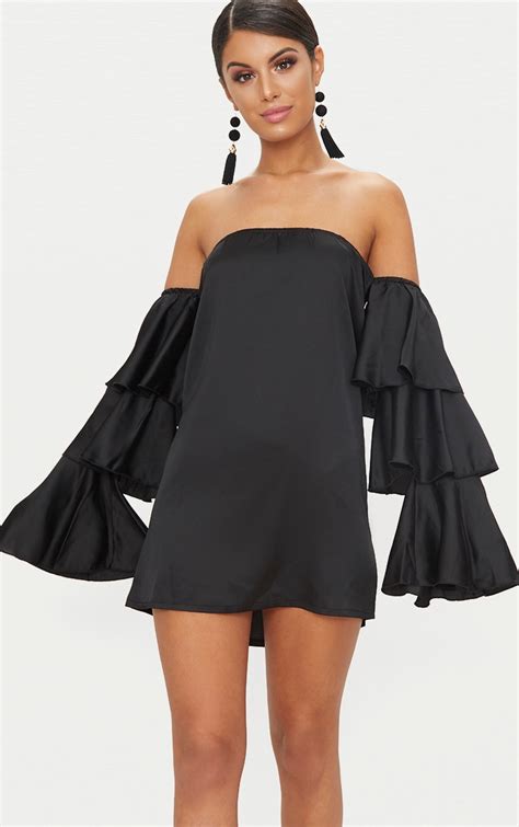 Black Bardot Ruffle Sleeve Satin Shift Dress Prettylittlething