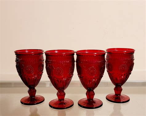 Pioneer Woman Adeline Footed Glass Goblets Ruby Red Set Of 4 Ebay
