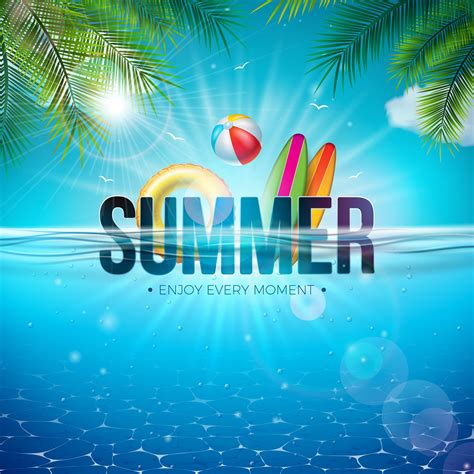 Vector Summer Illustration With Beach Ball Palm Leaves Surf Board And