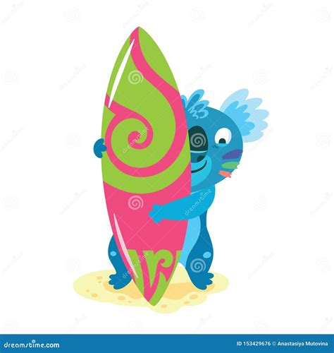 Cartoon Koala Standing With A Surf On The Beach Cool Vector Character