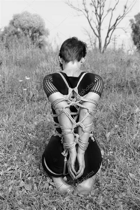 Bound Woman Kneeling Black And White Photo Shibari Stock Photo By Lenkusa