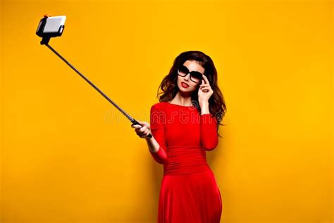 Brunette Making Selfie In Sunglasses And Red Dress Stock Image Image Of Isolated Attractive