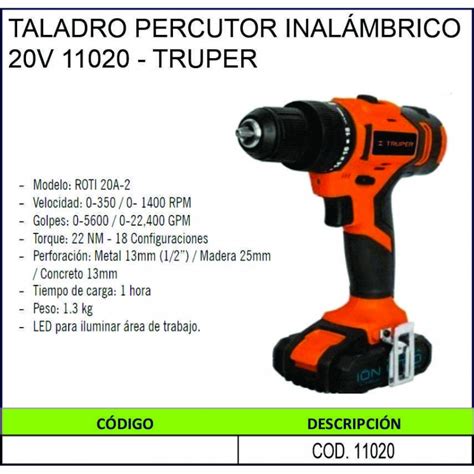 TALADRO PERCUTOR INALÁMBRICO 20V 11020 TRUPER