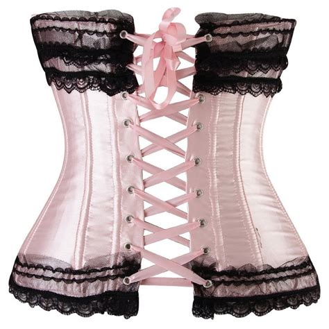 Sexy Pink Satin Strapless Lace Trim Overbust Corset N